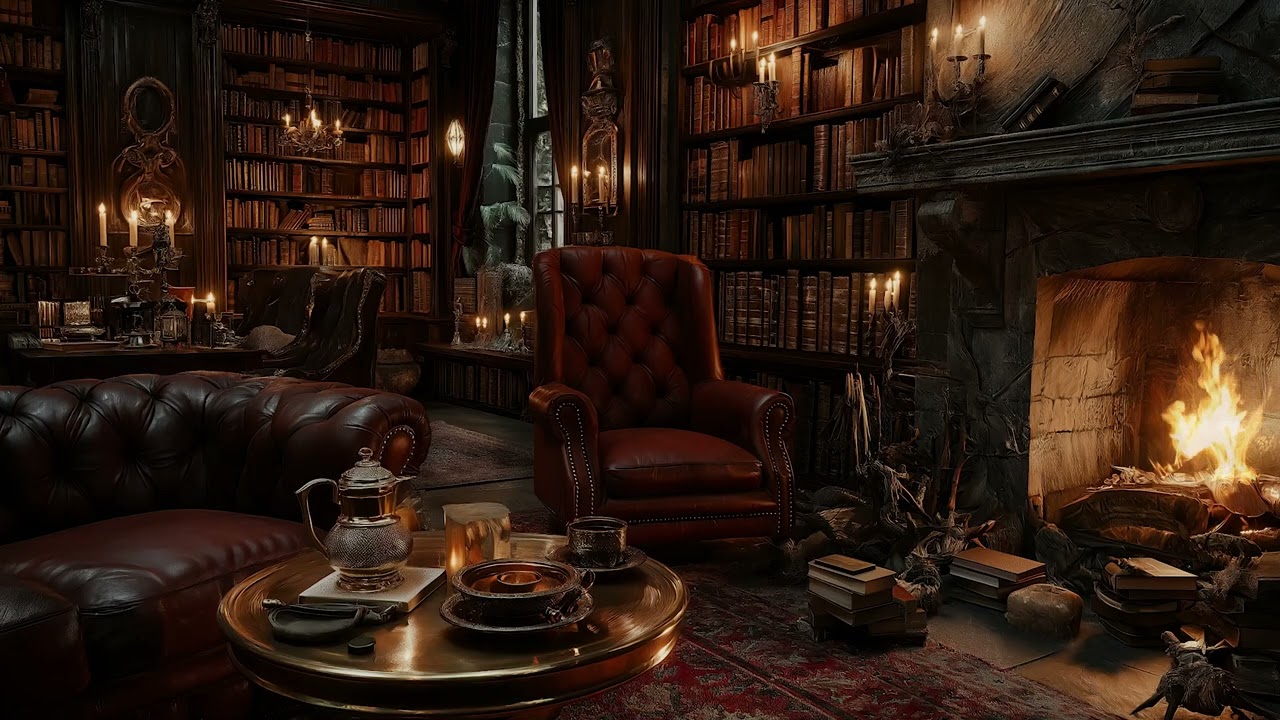 Relaxing Fireplace Library with Leather Chairs and Soft Fire Sounds for Calm Focus and Deep Sleep