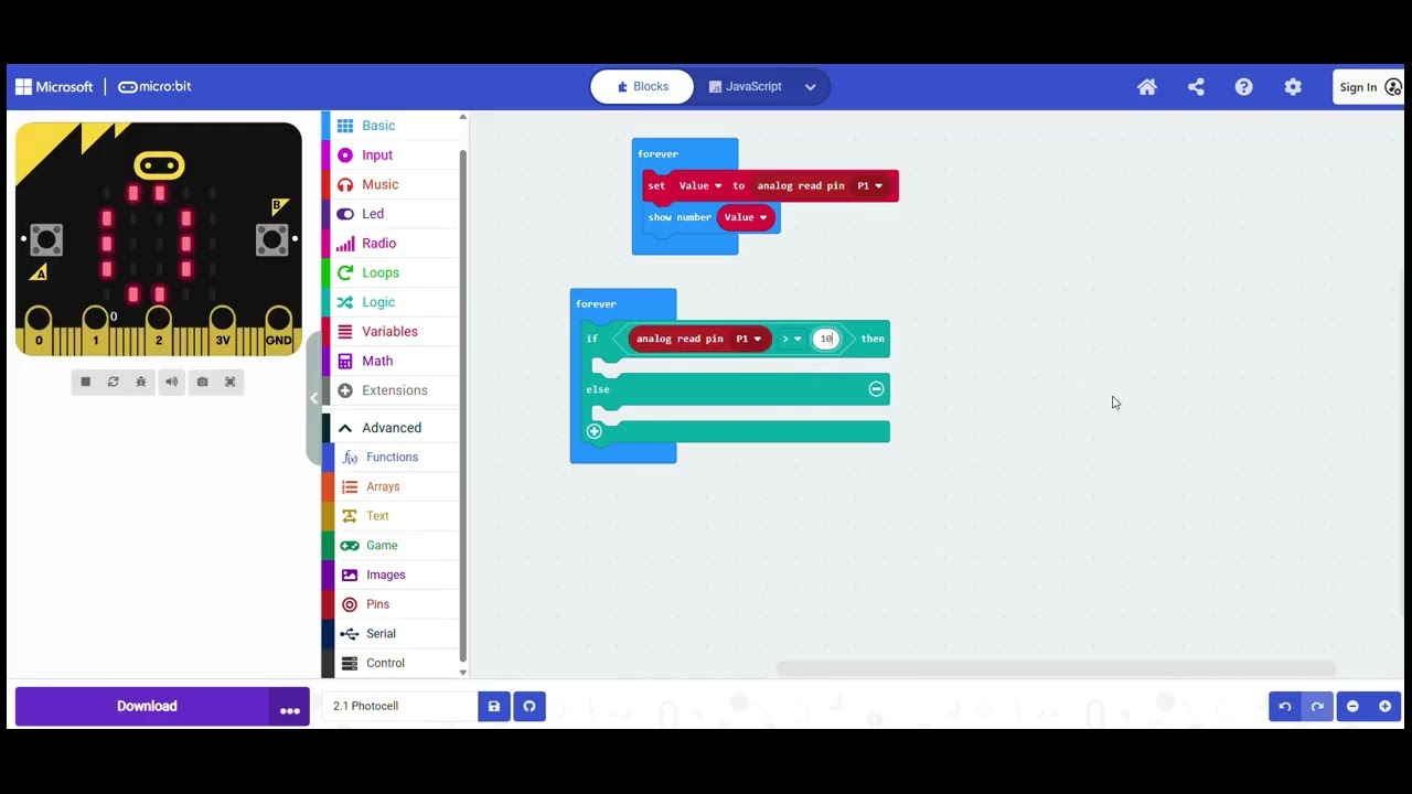 Lesson 2.1 Photocell  Make Code Microbit
