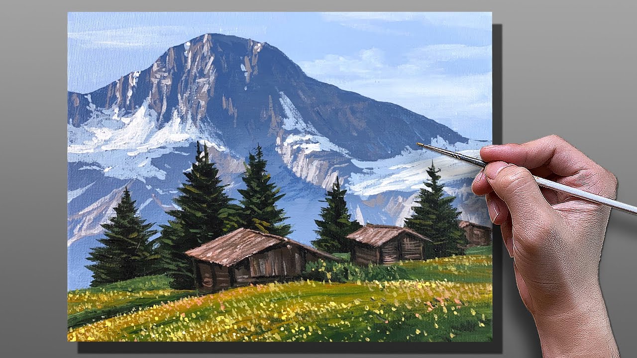 Acrylic Painting Mountain Houses Landscape / Correa Art