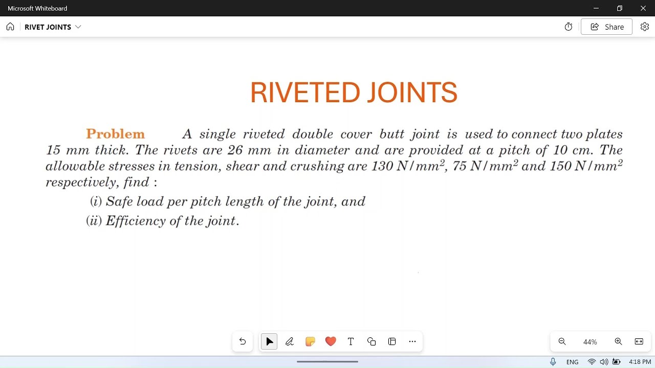 Riveted Joints: 08: Design of pitch of double cover butt joint: Numerical Problem