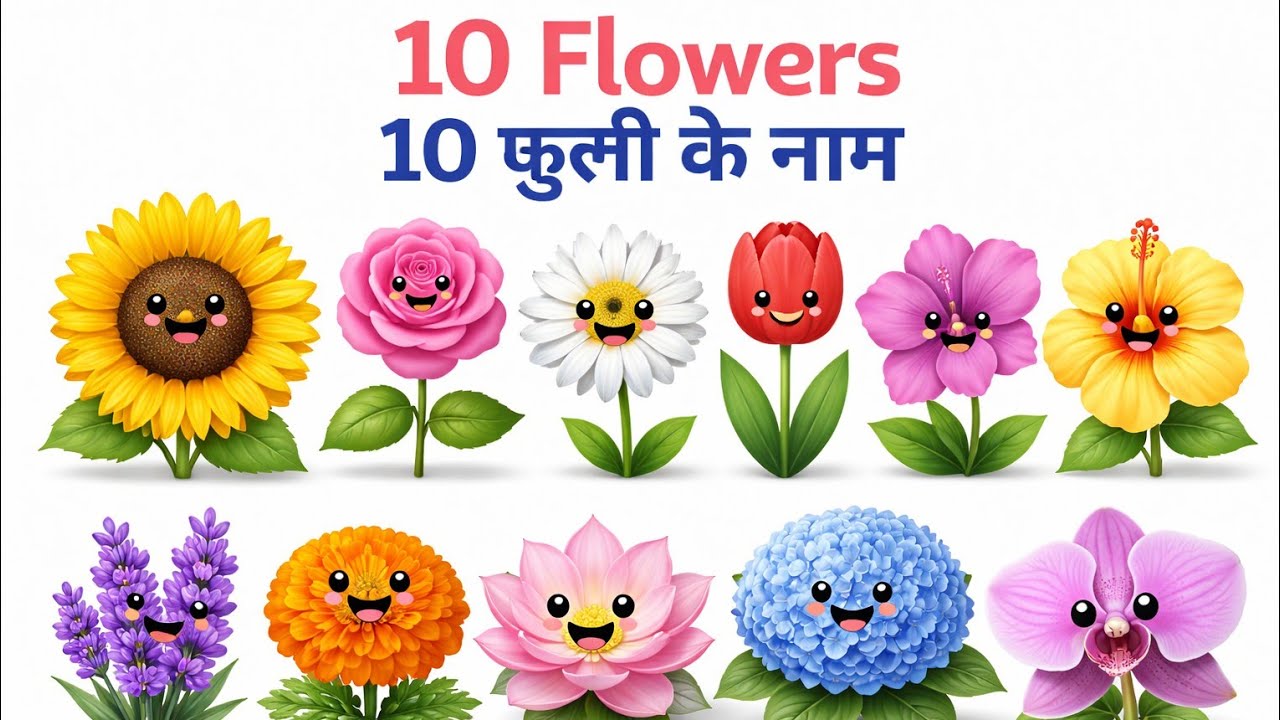 10 Flowers Name in Hindi and English | फूलों के नाम | Flowers for Kids tasukidstv 