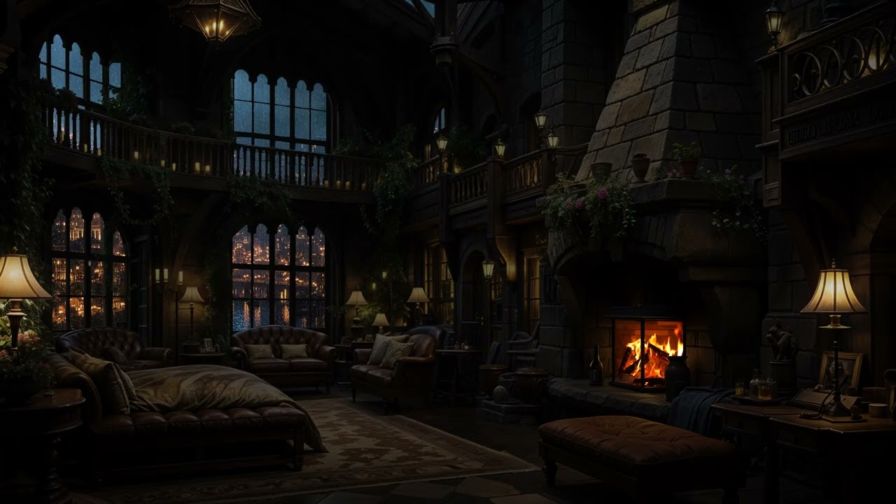 Midnight Rainfall outside a Historic Fortress 🏰  Fireplace Comfort for Calm Restful Evenings
