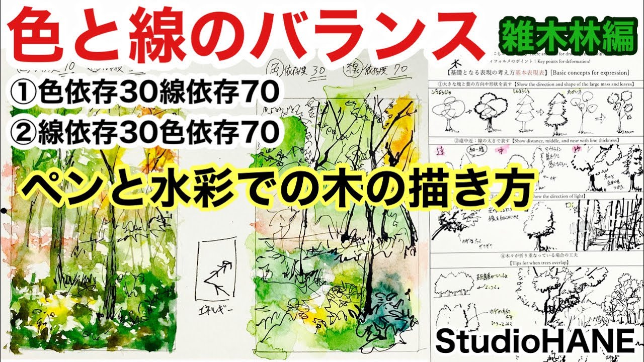 ペンと水彩画で描く時に、どこまで線で描くのか？どれだけ塗るのか？一緒に勉強いたしましょう！【木の描き方】絵画教室で教える絵の描き方＠StudioHANE