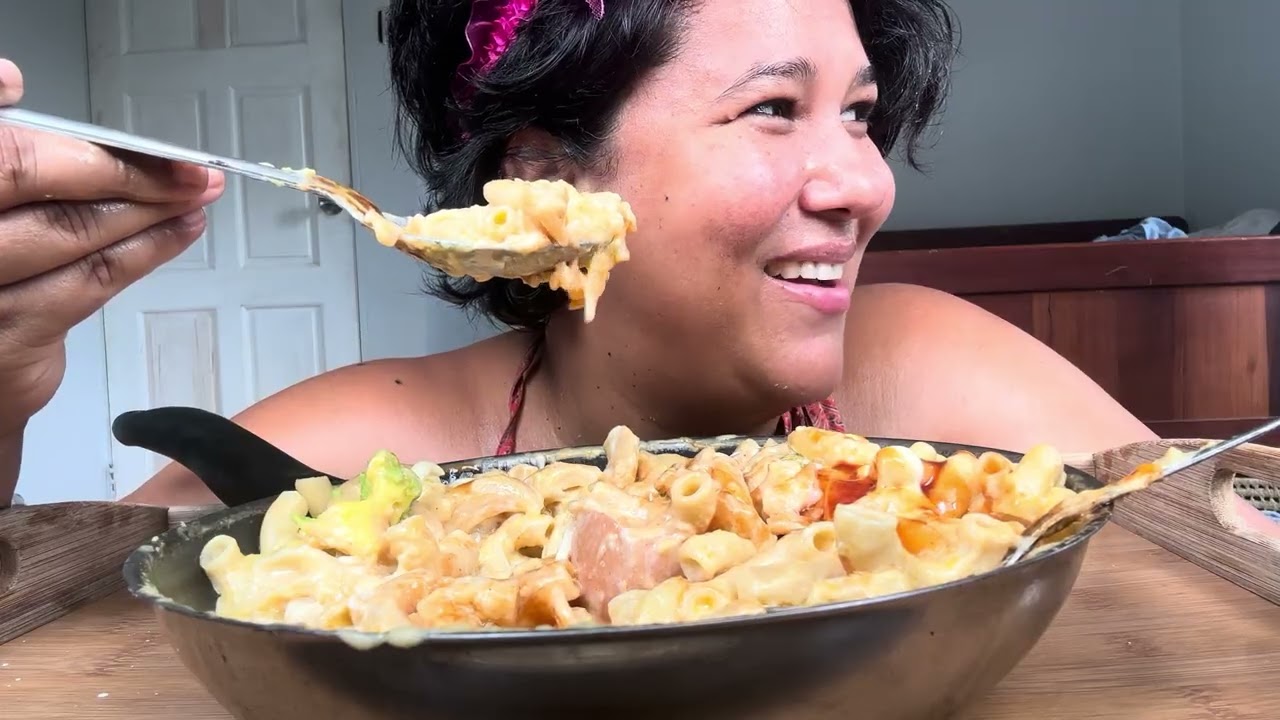 BIG Pot of Creamy Pasta Mukbang 🧀🍝 | Cream Cheese & Cheddar | Eggs & Avocado | Too Creamy To Finish!
