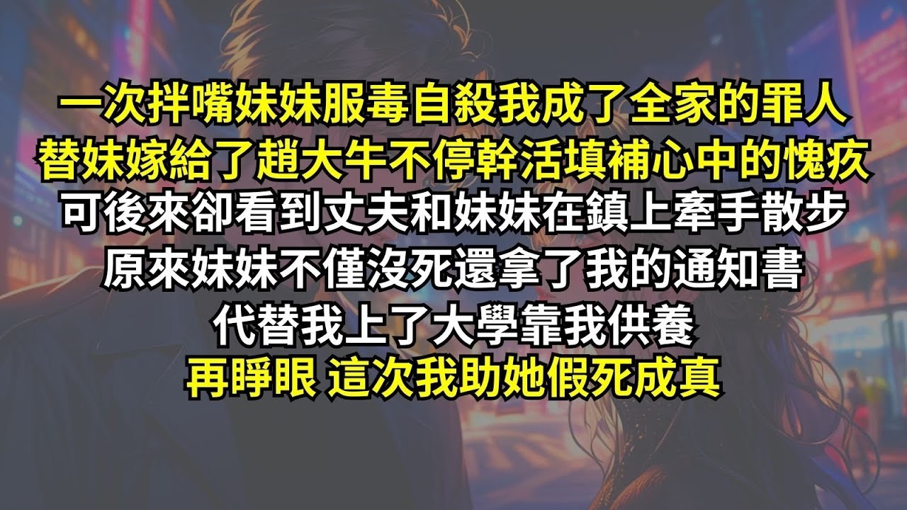 一次拌嘴妹妹服毒自殺我成了全家的罪人，替妹嫁給了趙大牛不停幹活填補心中的愧疚，可後來卻看到丈夫和妹妹在鎮上牽手散步，原來妹妹不僅沒死還拿了我的通知書代替我上了大學靠我供養，再睜眼，這次我助她假死