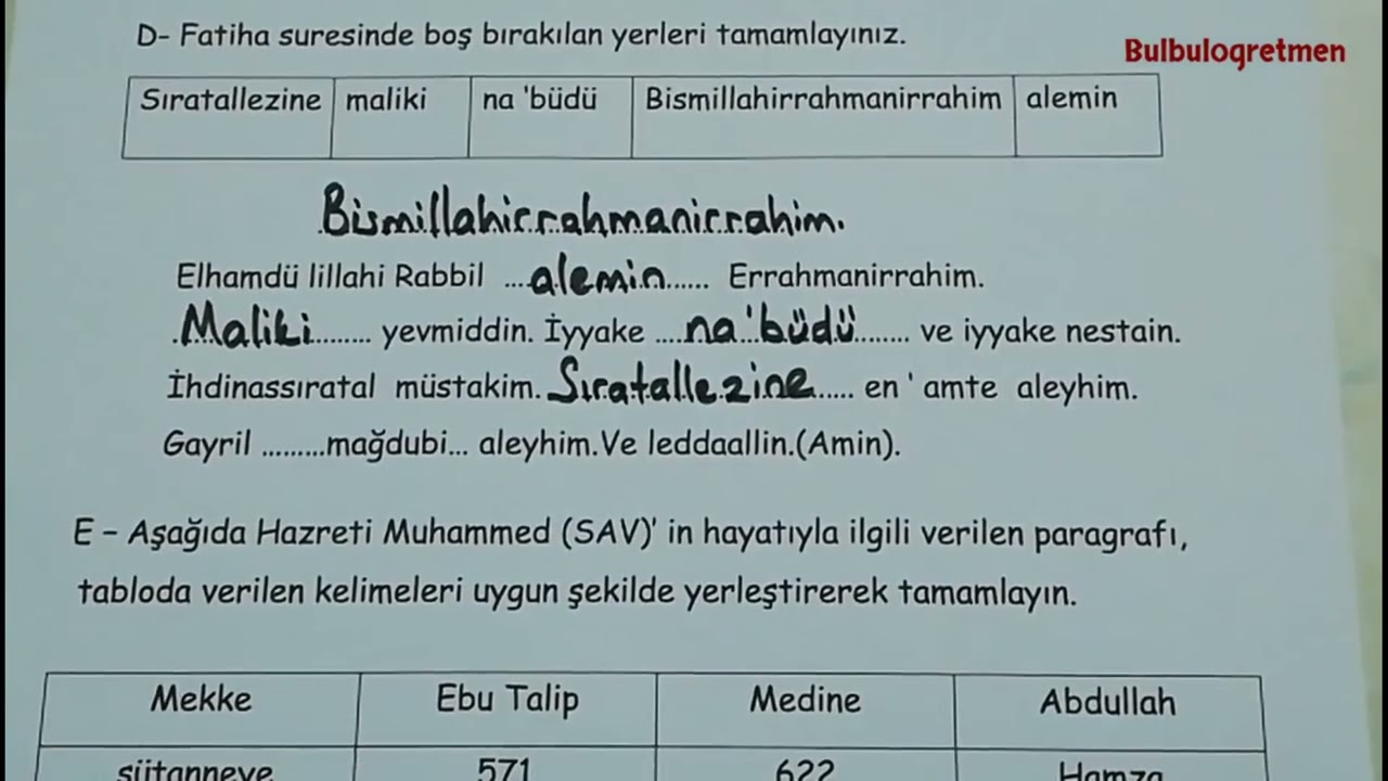4.sınıf din kültürü 1.dönem 2.değerlendirme @Bulbulogretmen #yazılı   #4sınıf #din