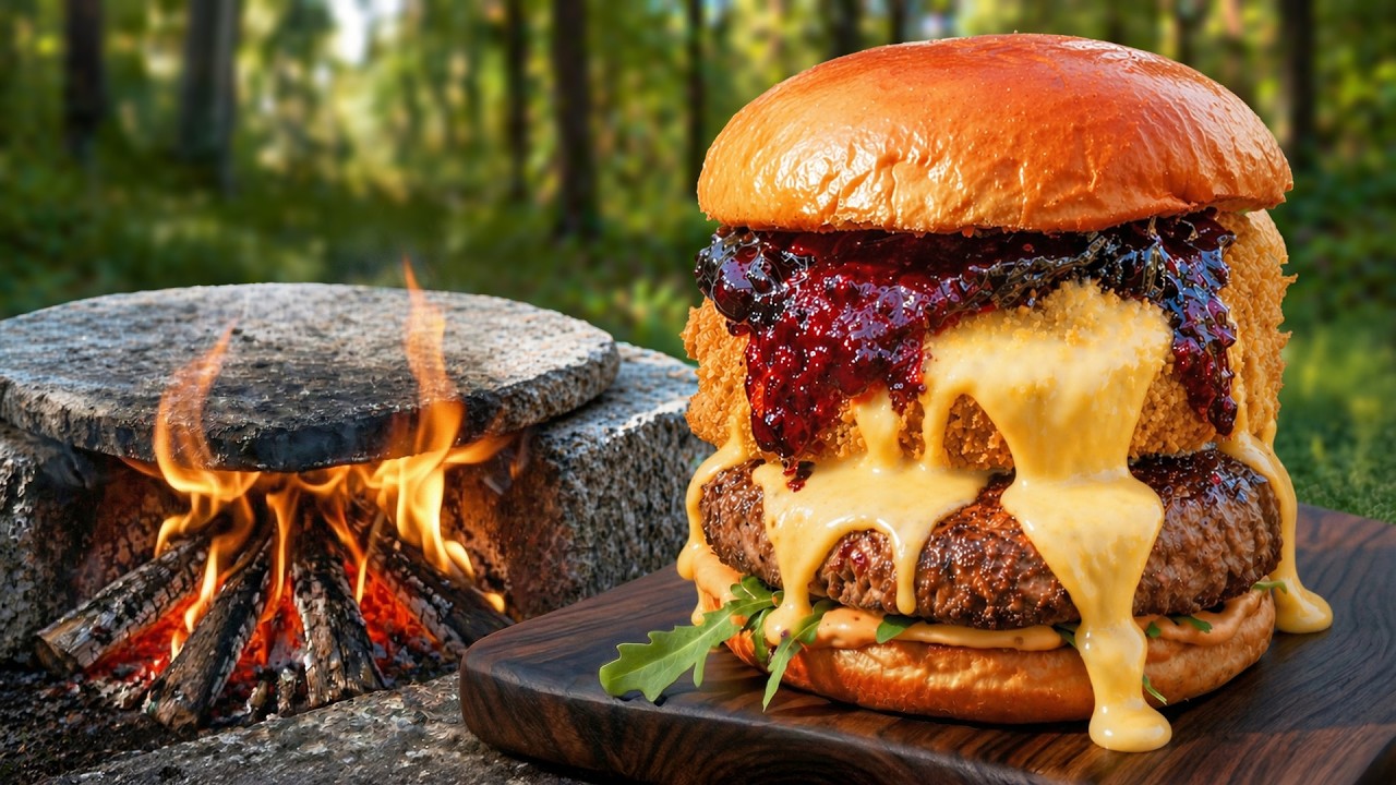 Deep Fried Camembert Burger on a Hot Stone | Outdoor Cooking