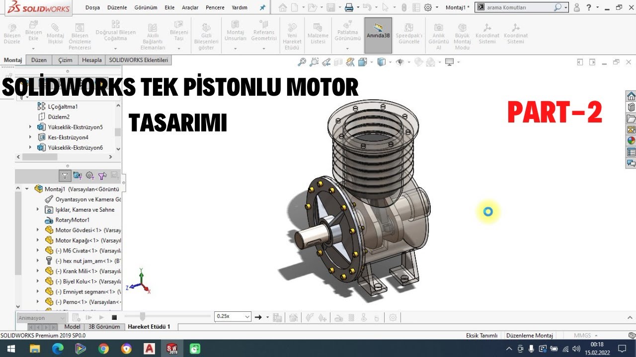 SOLİDWORKS TEK PİSTONLU MOTOR TASARIMI  PART-2(Krank Mili, Biyel Kolu)  Proje-9 #solidworks