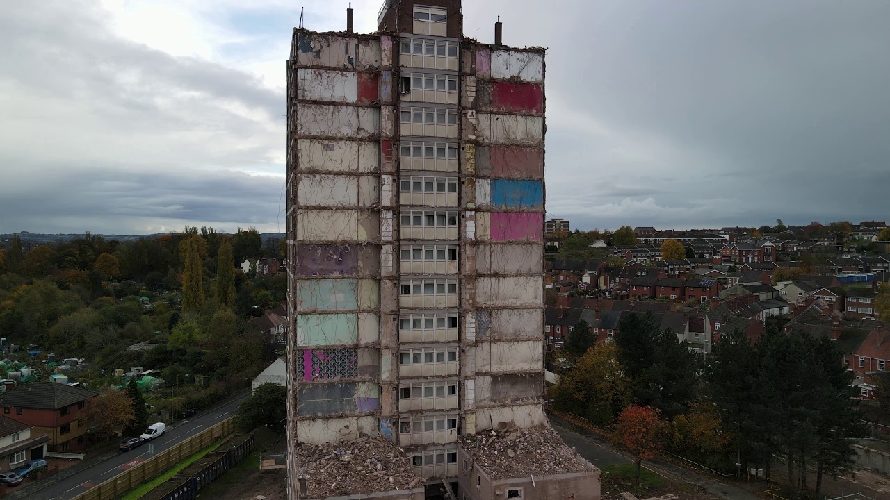 Demolition of flats in Dudley by drone..