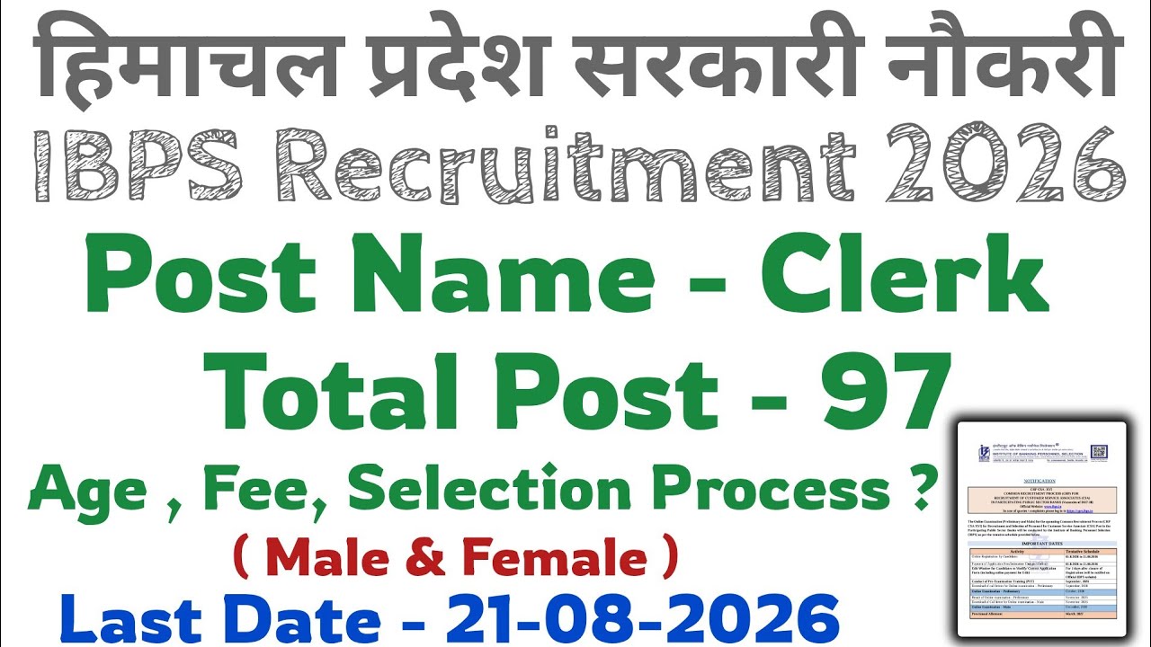 Latest Recruitment in Himachal Pradesh | IBPS Clerk | 97 Total Posts | Apply Online