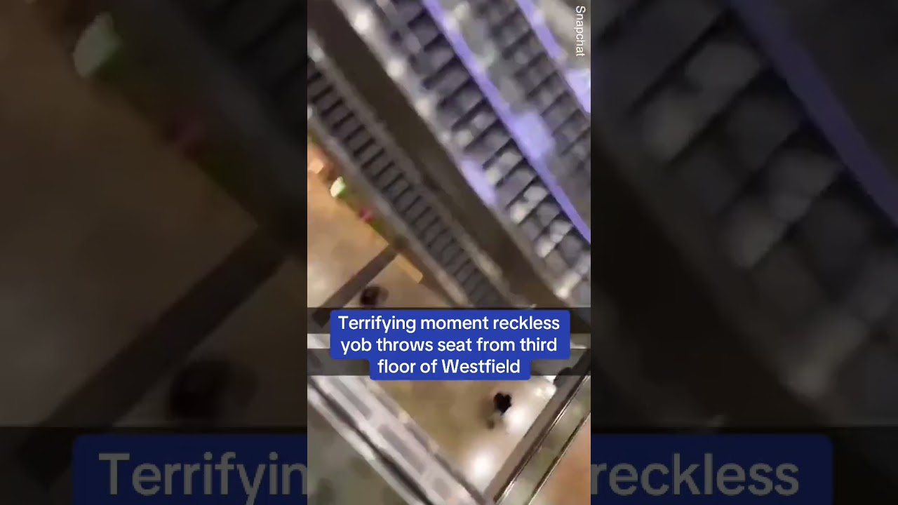 Terrifying moment reckless teen throws seat from mall's third floor