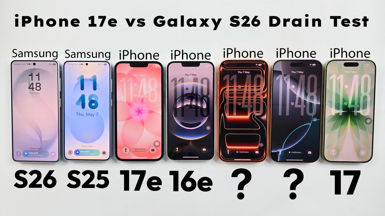 Samsung S26 vs S25 vs iPhone 17e vs 16e vs 17 Pro vs 16 Pro vs iPhone 17 - Battery Life Drain Test