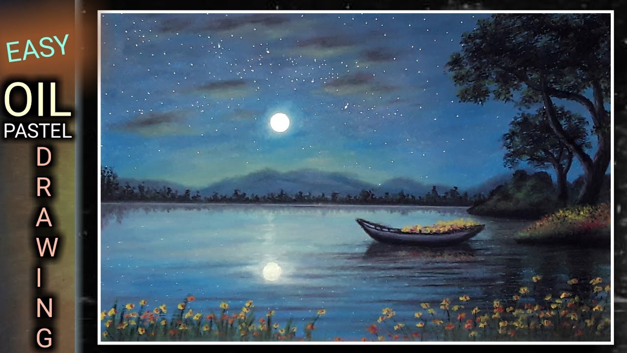 Moonlight Night Scenery Drawing | Night Nature Drawing Easy | Oil Pastel Art