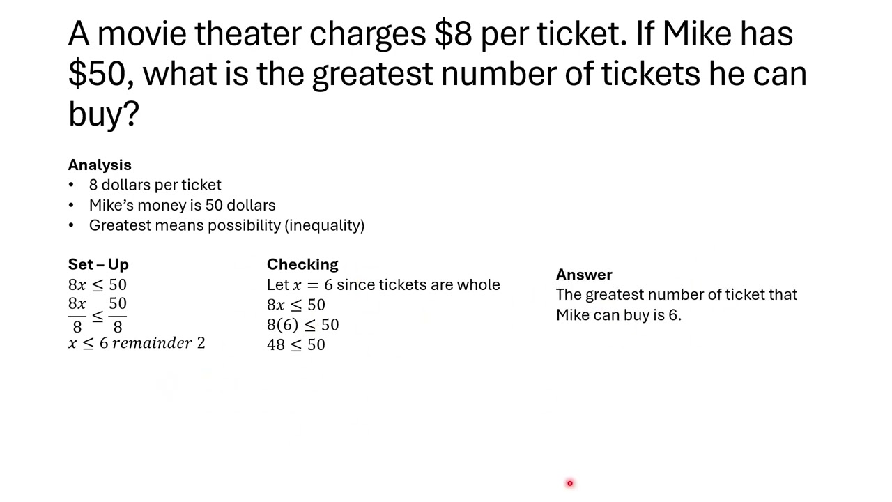 Word Problem involving Linear Equation and Inequality