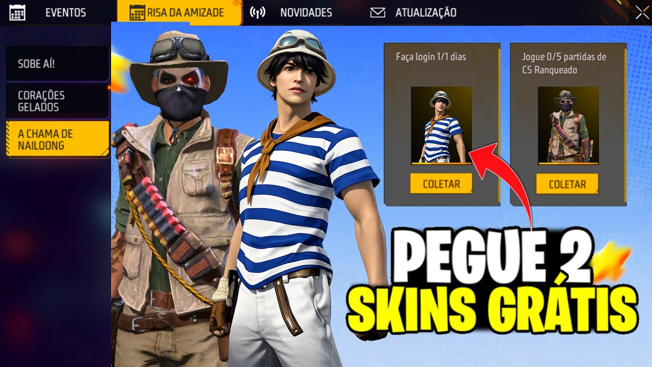 CORRE!! PEGUE 2 AVENTUREIROS (GRÁTIS) E SKINS PRA TODOS NO FREE FIRE