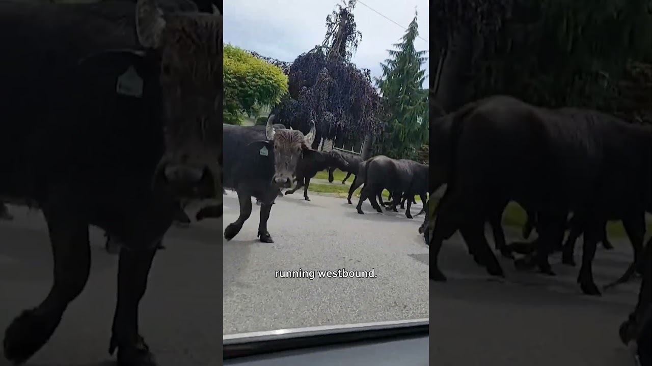 Mom, buffalo are running up the street