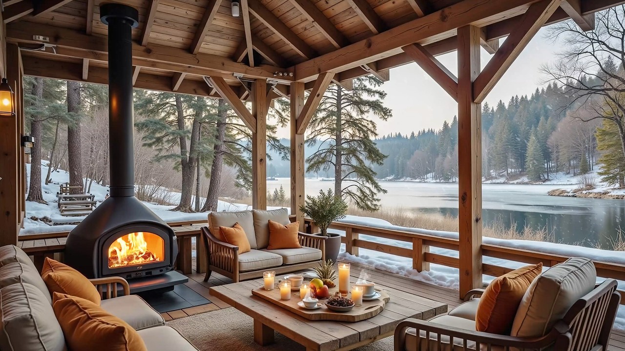 Winter Cabin Piano ❄️ Cozy Cabin Fireplace & Snowy Lake View for Peaceful Moments