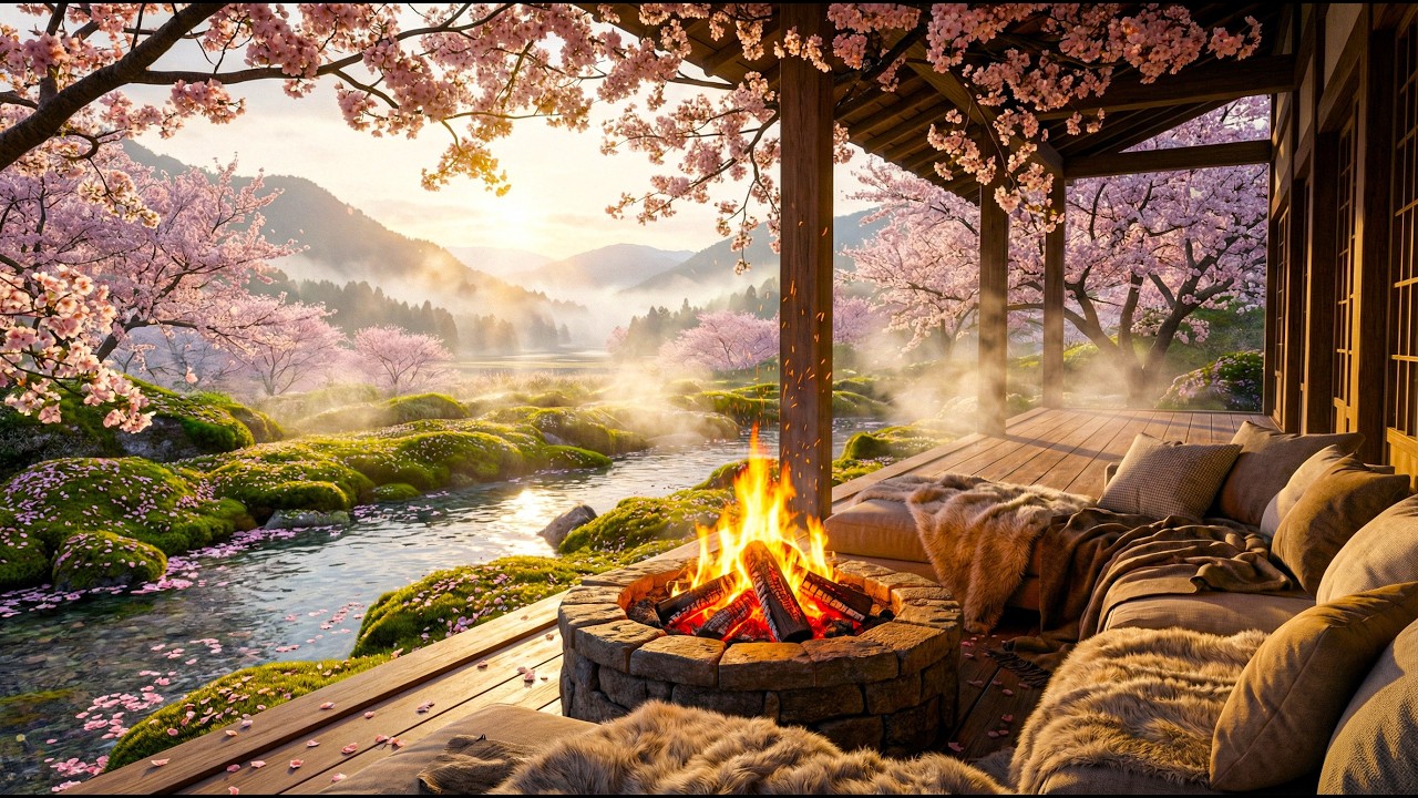 Relaxing Veranda Campfire with Stream and Birdsong 🕊️ 4K NO ADS | Morning Zen 🔥 💤
