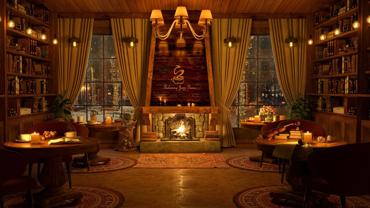 Snowy Winter Night in Cozy Coffee Shop | Smooth Jazz Music to Relax/Study/Work to