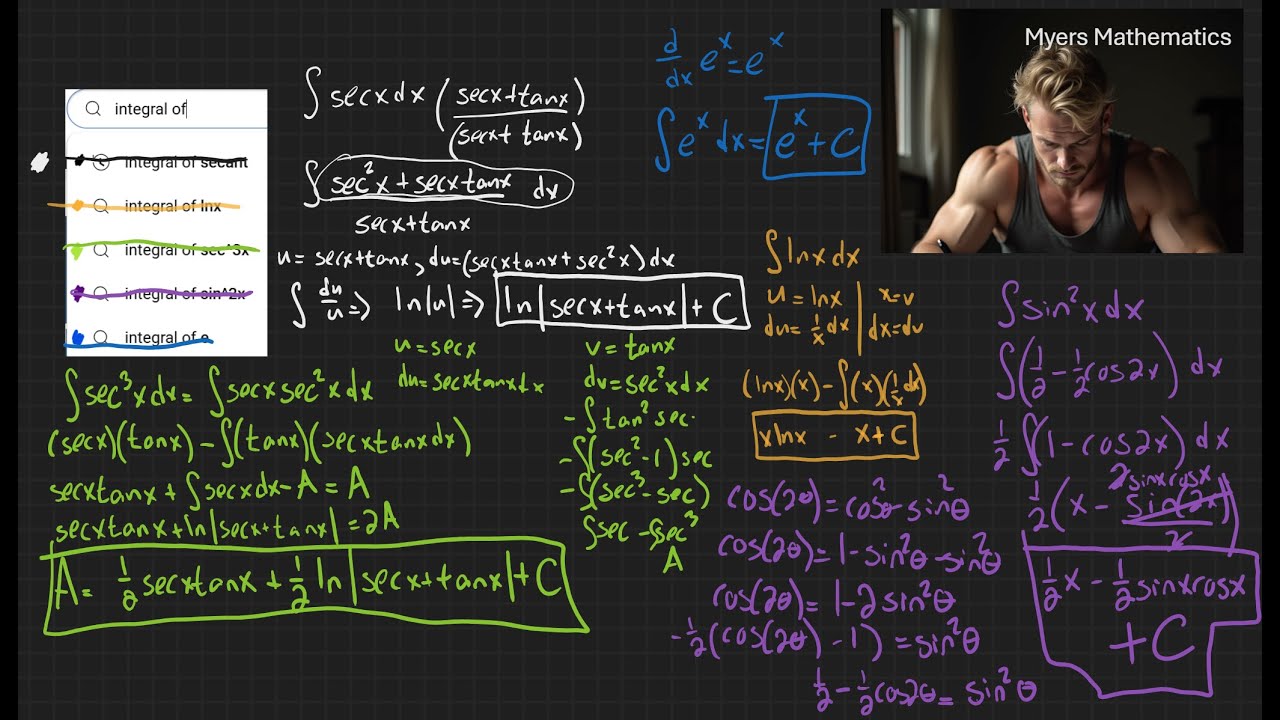 How to Integrate the top 5 integrals: secx, lnx, sec^3x, sin^2x, and e^x
