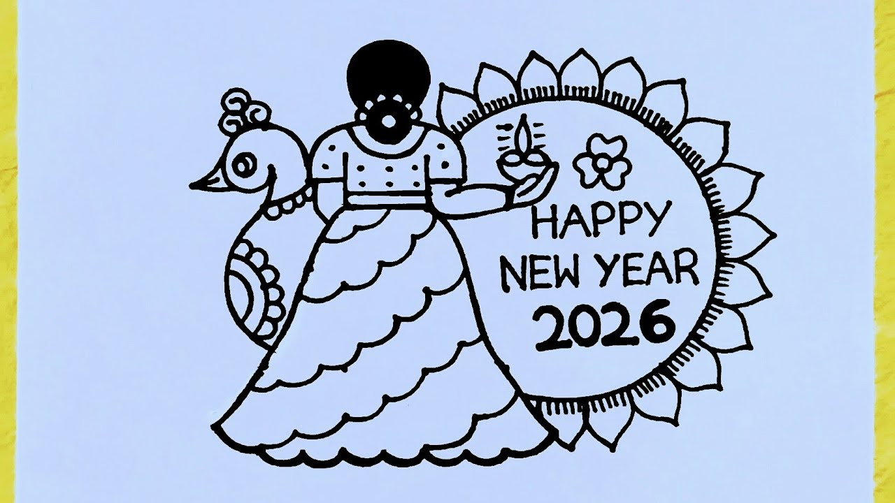 Easy New year 2026 Rangoli from 4×5 dots // Easy Traditional Girl drawing // New year drawing Easy