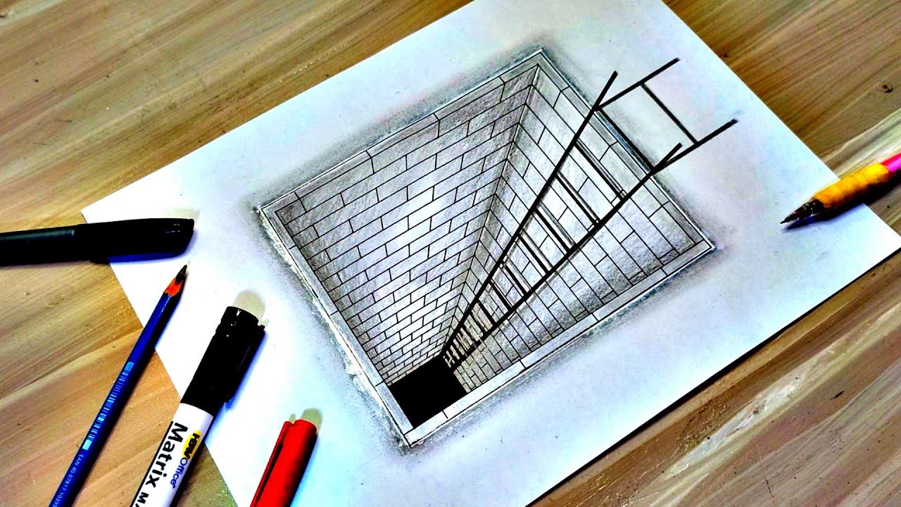 How to Draw a 3D Hole with a Ladder/3D Trick Art, Optical illusion