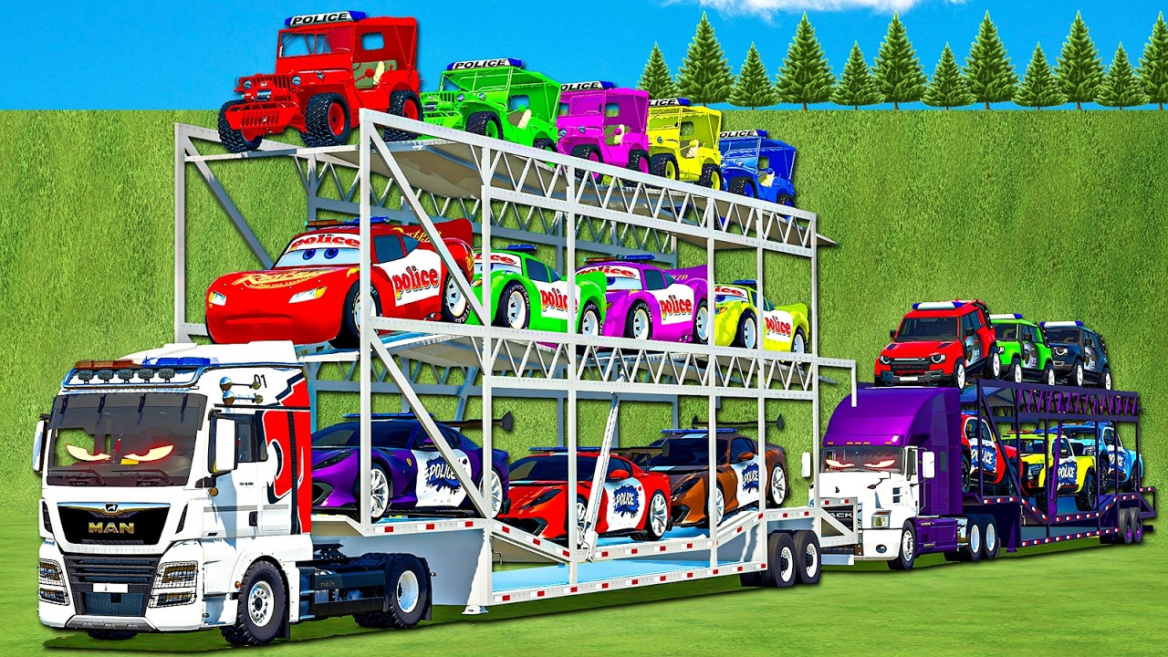 TRIPLE DECKER TRAILER VS DOUBLE TRANSPORT MINI JEEP POLICE, COPS DEFENDER & BATTLE! FS 25