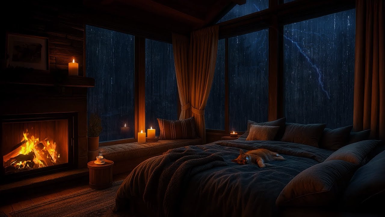 Звуки дождя и камина | Уютный домик со спящим котом