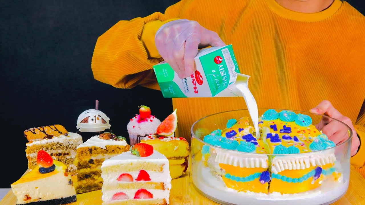 우유속에 크림치즈케이크와 달달구리 조각케이크먹방~!! Milk Cake Bánh sữa ミルクケーキ bolo de leite दूध cake MuKBang~!!