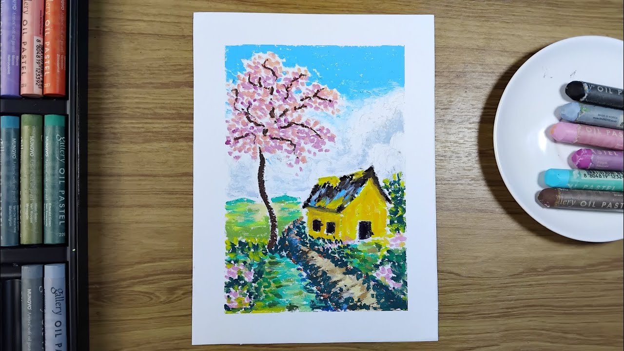 Beautiful home landscape drawing with oil pastels on paper 