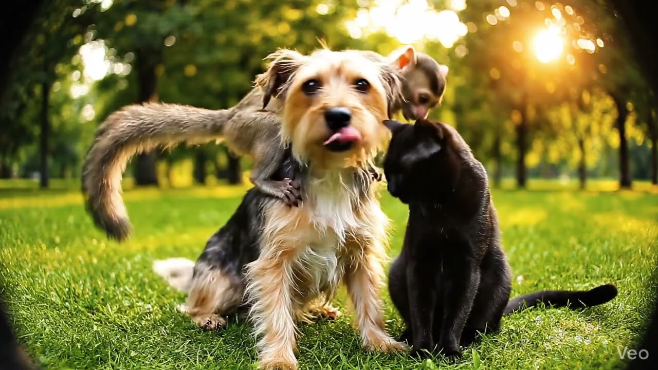 Monkey Hugging Dog and Cat