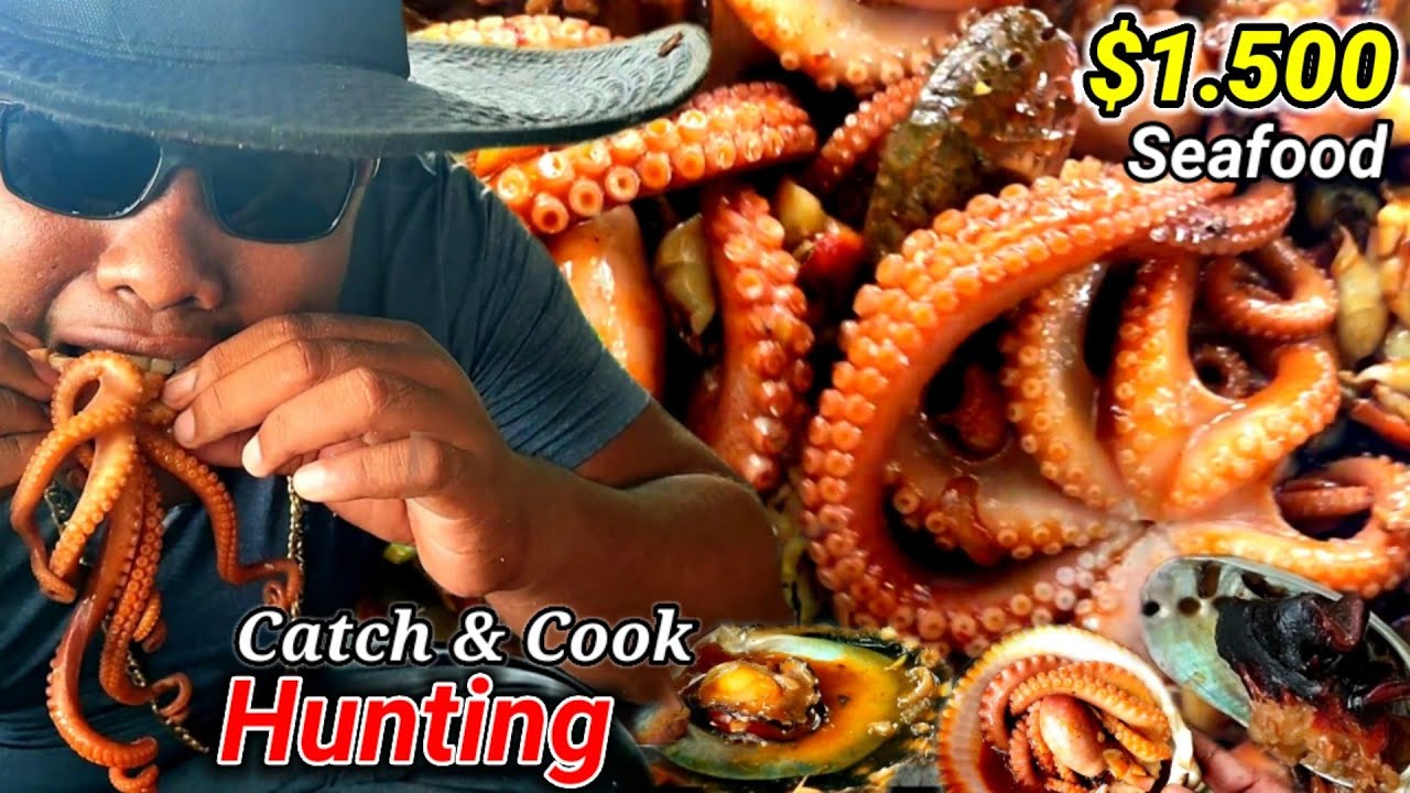CATCH & EATING SEAFOOD Kerang Mutiara, Abalone, Gurita, Teripang|| SPICY OCTOPUS delicious