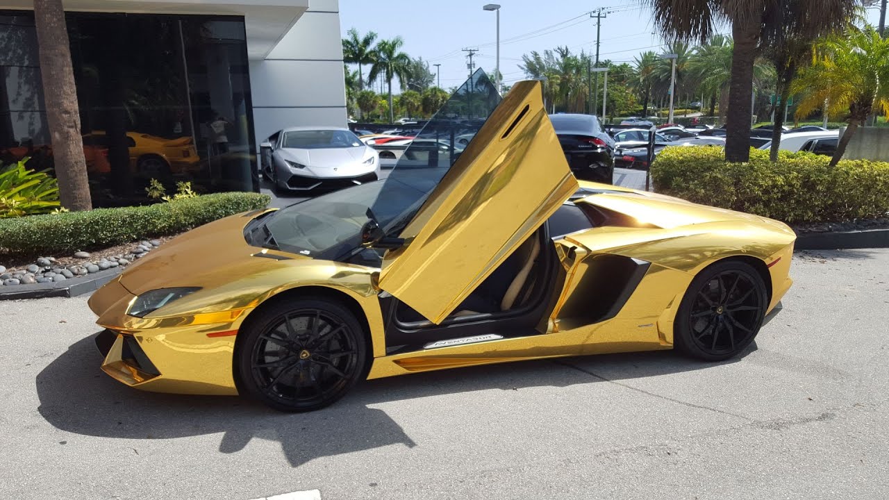 Gold Lamborghini Aventador Roadster LP700-4 Start up & Drive Delivery to Lamborghini Miami