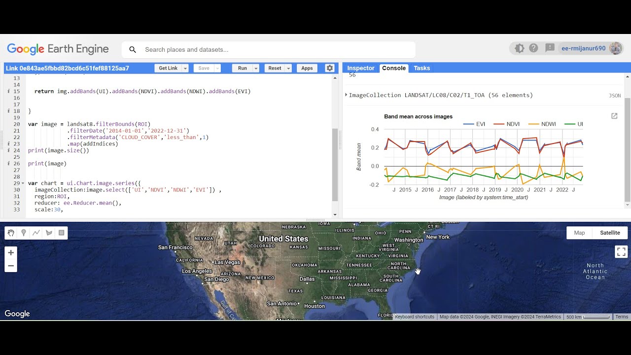 How to make a time series chart for different indices (UI, NDVI, EVI) using the Google Earth Engine