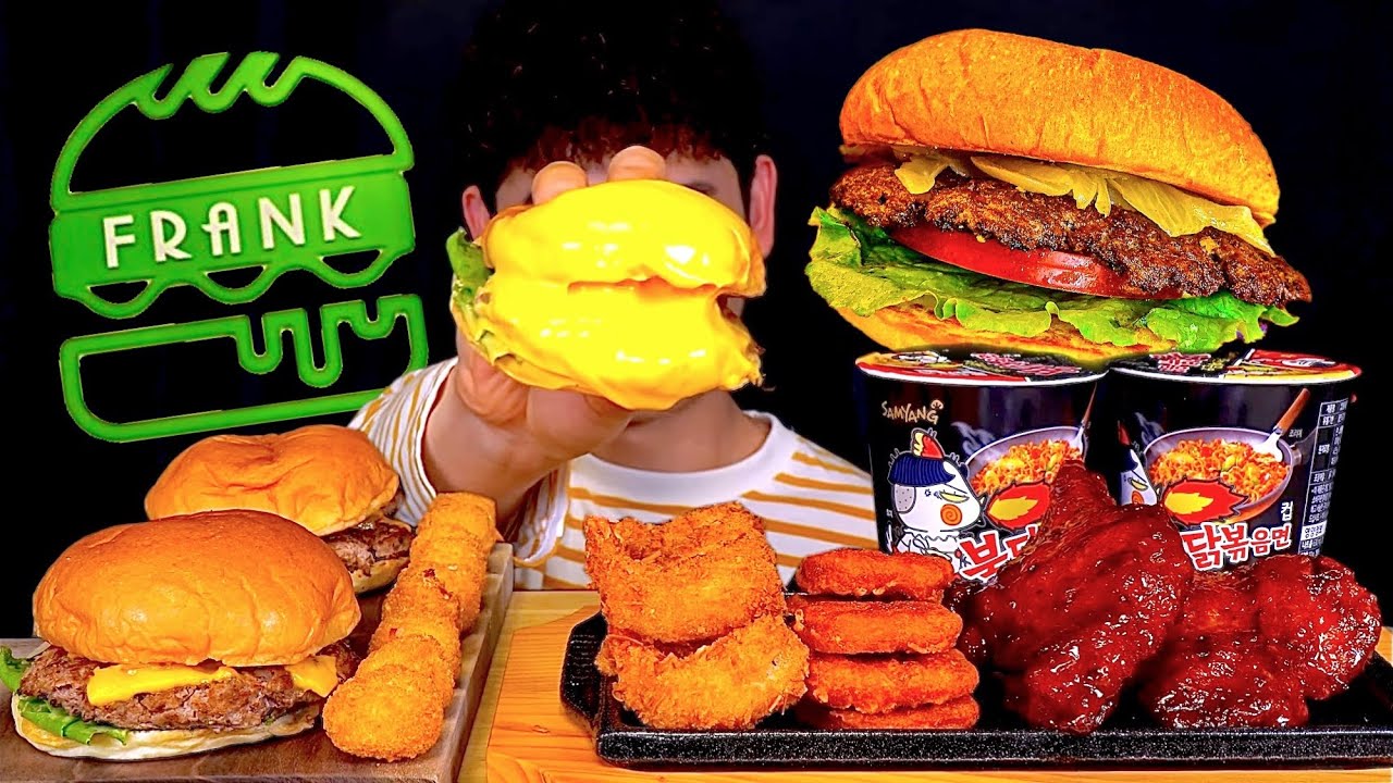 ASMR 프랭크버거 더블치즈버거🍔핫너겟 매운통다리구이 먹방~! Double Cheese Burger With Spicy Nuggets Big Chicken Legs MuKBang