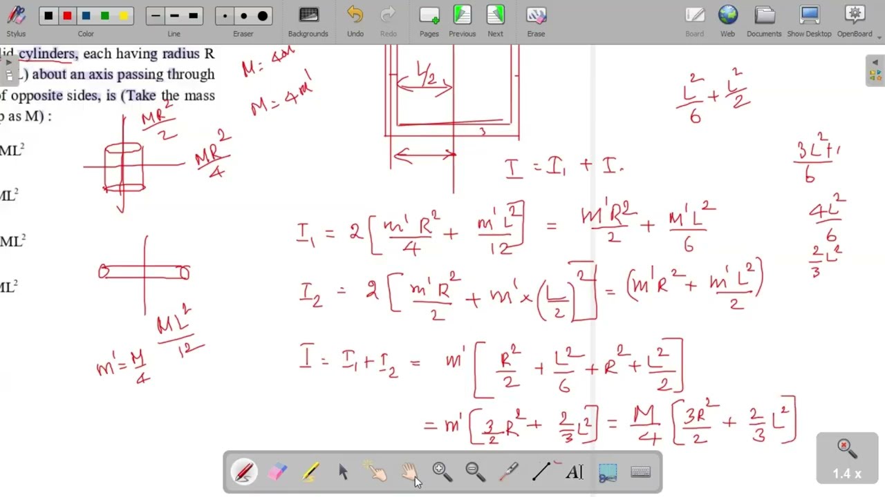 The moment of inertia of a square loop made of four uniform solid cylinders, each having radius R