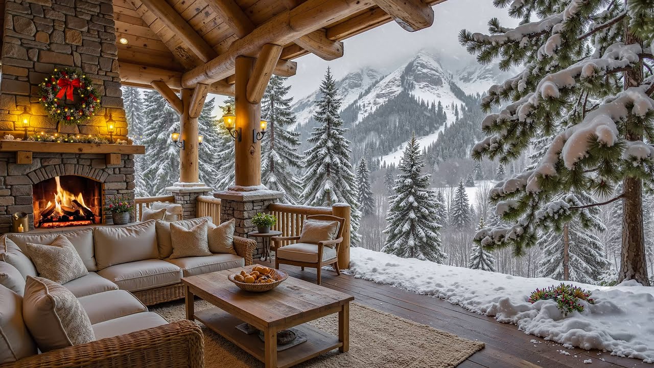Relaxing Winter Snowfall with Soft Piano Music on Cozy Cabin Ambience ⛄ Fireplace Sounds for Unwind