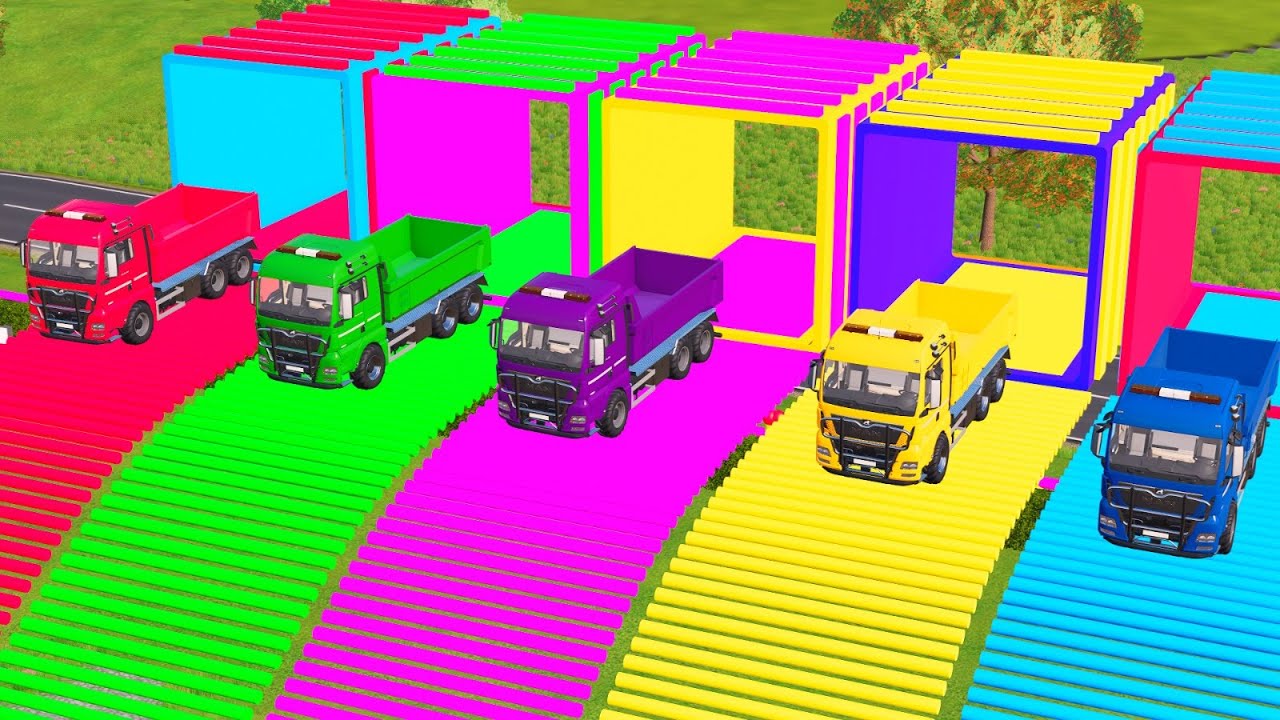 Transport of Colors - Garage with Colors - Learn Colors with 5 Giant Dump Trucks for Kids!