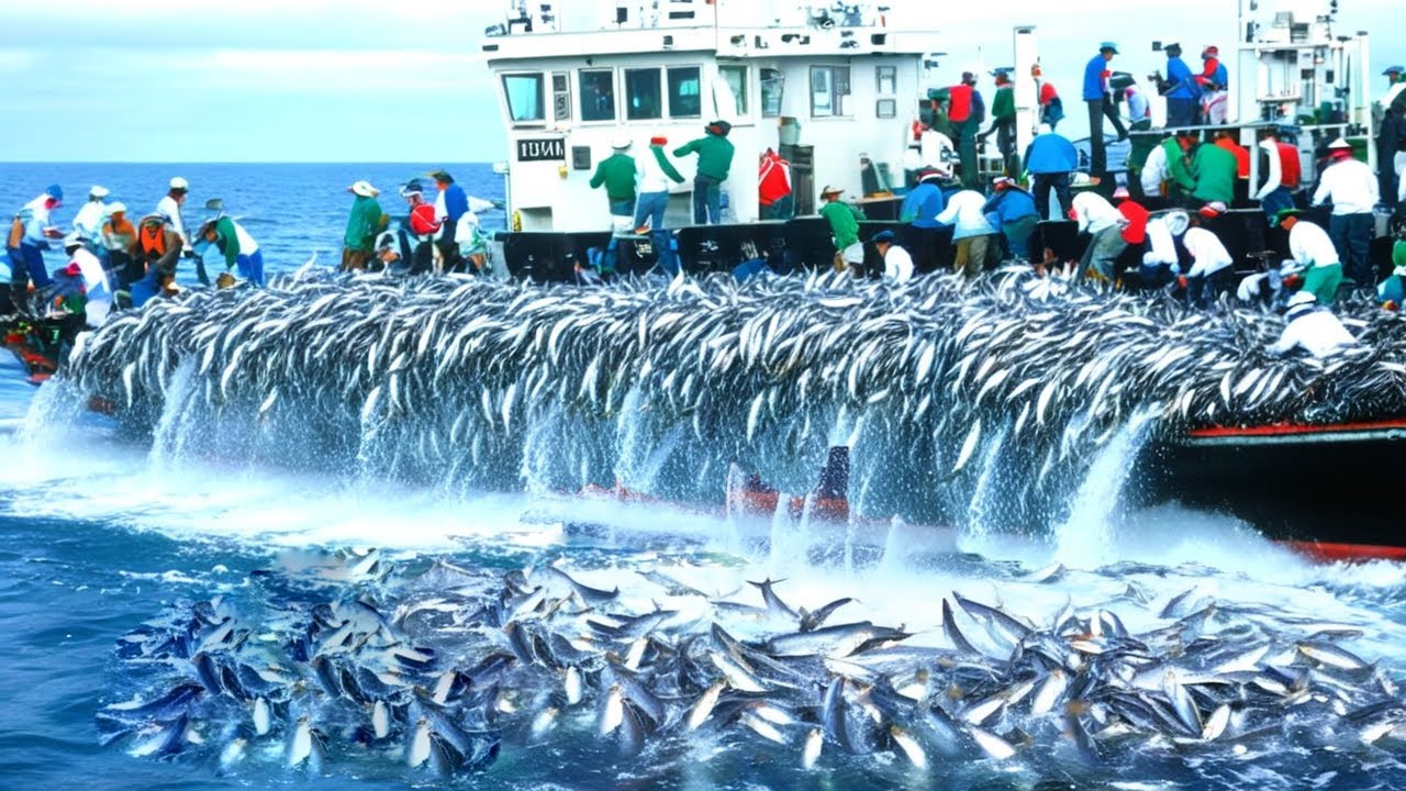 Fishermen catch billions of sardines with giant trawl nets, modern sardine fishing process on boats!