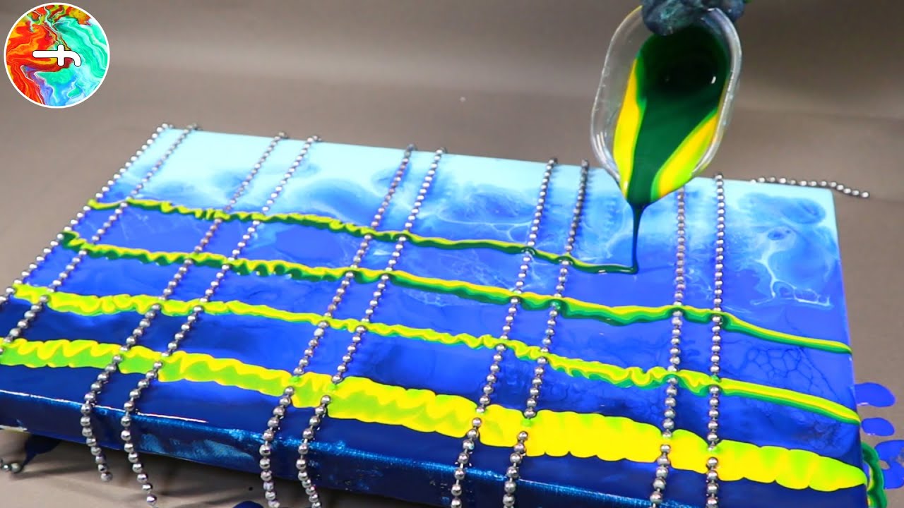 Chain pull painting - Acrylic pour painting green & blue - Two straight lines - fluidcomet