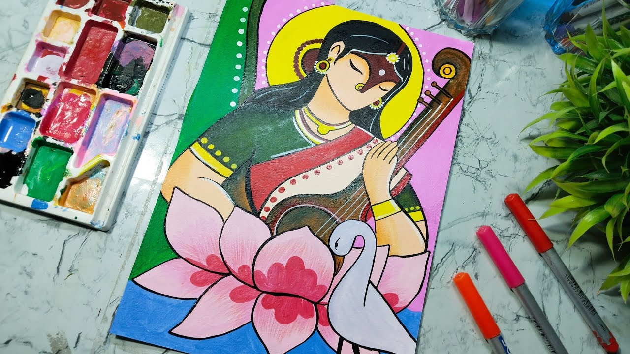 Saraswati Devi Drawing With Acrylic Colours 🥰 Mata Saraswati Devi Drawing Tutorial