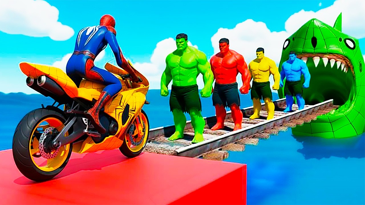 الأبطال الخارقين على دراجة نارية - Superheroes on a motorcycle ride on the stairs with sharks Gta V