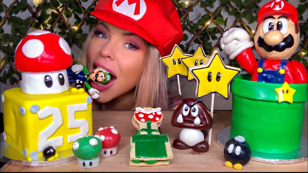 ASMR MARIO PARTY FOOD, EDIBLE MARIO, EDIBLE PIRANHA PLANT, GOOMBA, WARP PIPE, STAR, MUKBANG 먹방