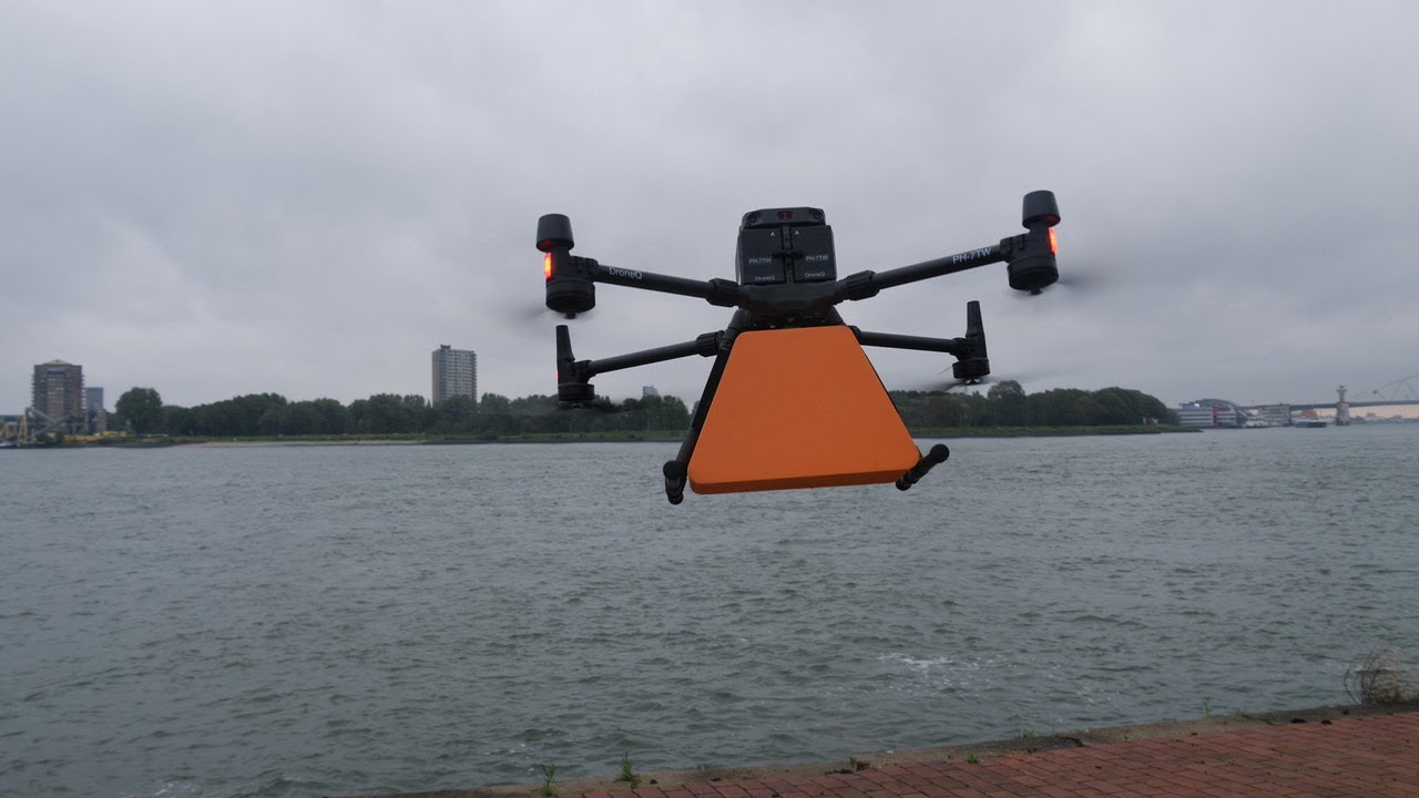 Drone delivers package to inland vessel in port of Rotterdam