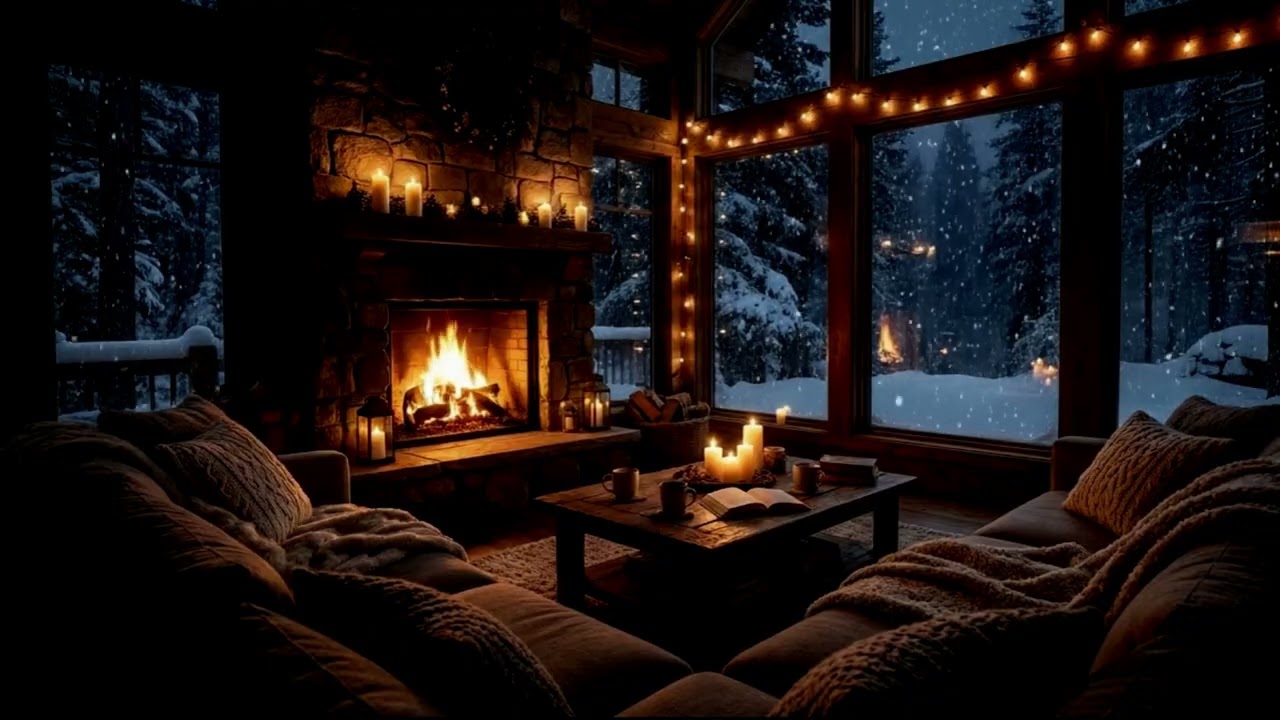 Snowy Cabin Night Ambience with Soft Snowfall and Fireplace Crackling Sounds for Deep Sleep