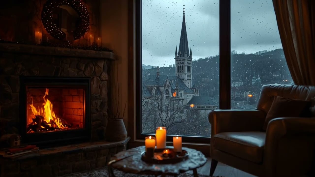 Rainy City Evening by the Fireplace 🌧️🔥 | 4 Hour Cozy Window View Ambience