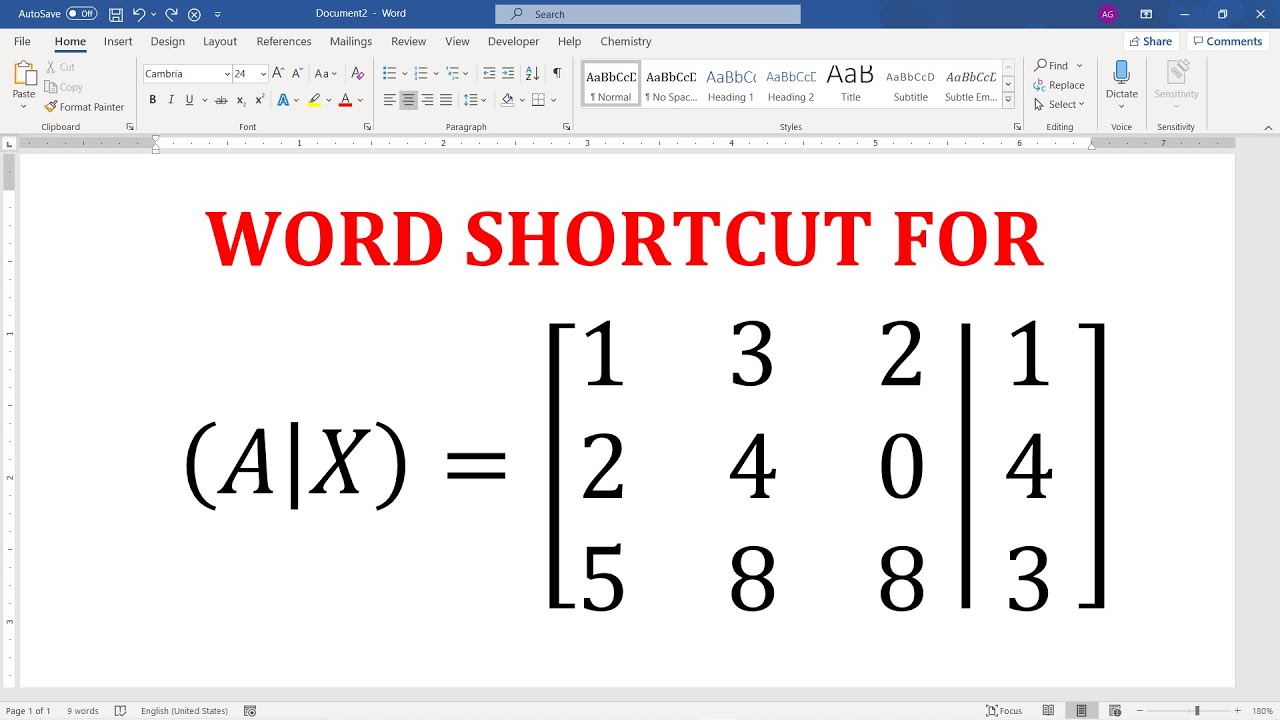 Shortcut to create an augmented matrix in Word [2021]
