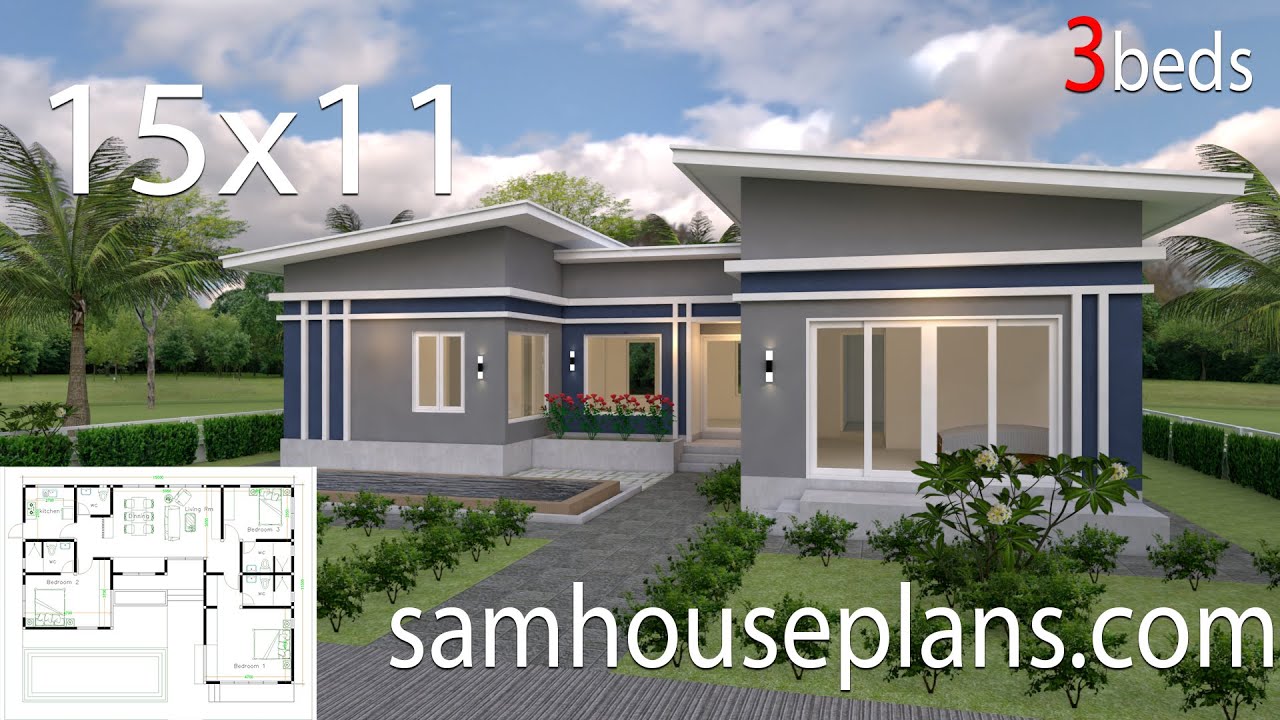 House Design Plans 15x11 with 3 Bedrooms Shed roof