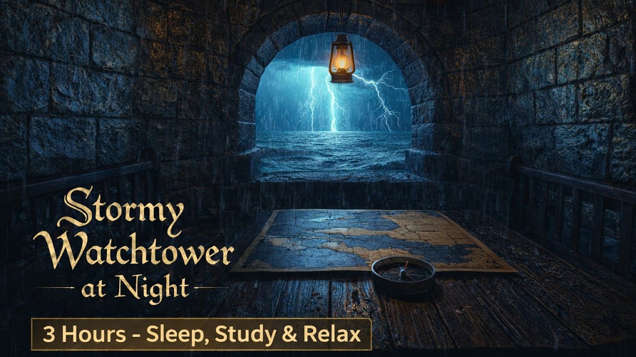 Stormy Watchtower at Night 🌩️ 3 Hours of Ocean Storm, Rain & Thunder Ambience | Sleep, Study, Relax