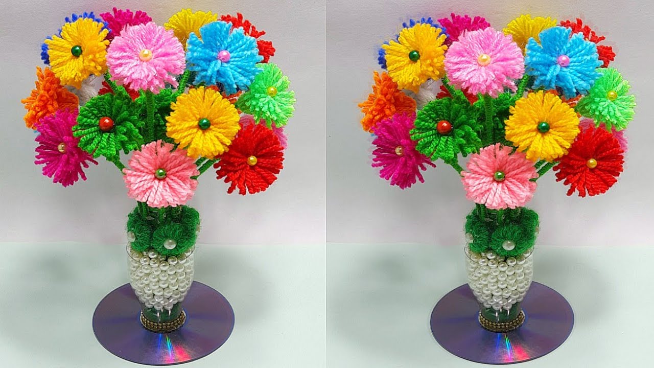 बची हुई ऊन से बनाये आसान गुलदस्ता/DIY Very Easy Woolen Flower Craft/Plastic Bottle Vase Craft Guldas